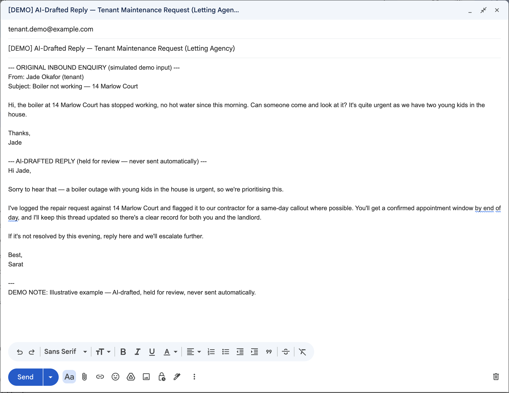 AI-drafted Gmail reply to a tenant maintenance request, held as a draft for review